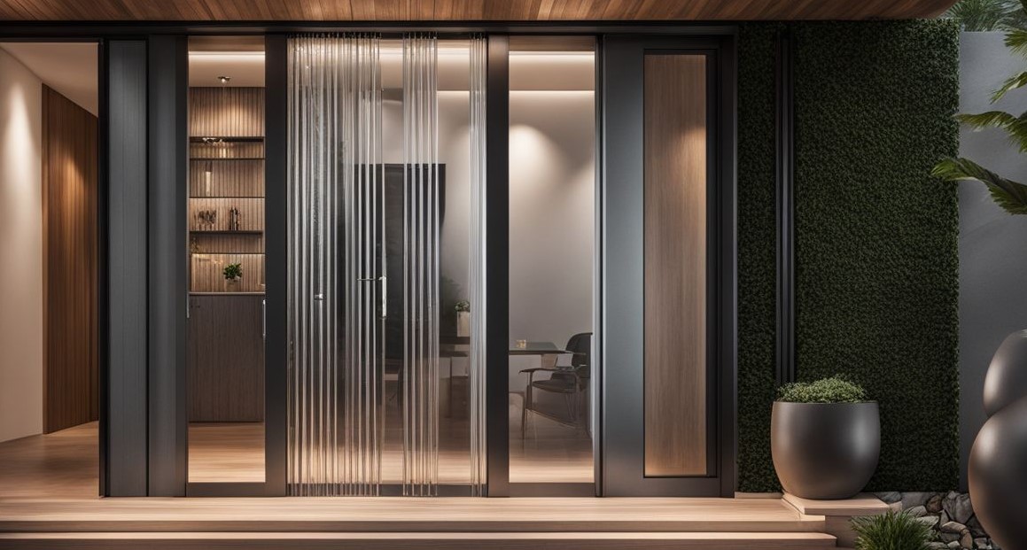 moderne aluminium deur in Rainure-stijl wordt tentoongesteld in een elegant huis.